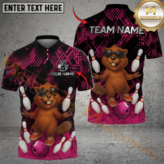 Maxcorners Bowling And Pins Funny Happy Beaver Customized Name, Team Name 3D Shirt (4 Colors)