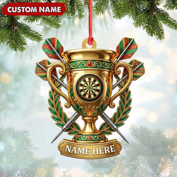 Maxcorners Darts Lover Golden Champion Trophy Cup, Target Board Emblem, Crossed Darts Personalized Name Ornament 2D Flat