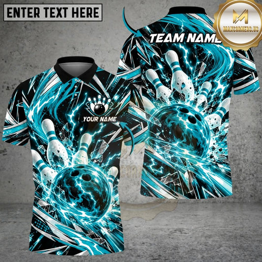 Maxcorners Bowling Dynamic Swirl Energy Rays Lightning Pins Strike Artwork Multicolor Customized Name, Team Name 3D Shirts