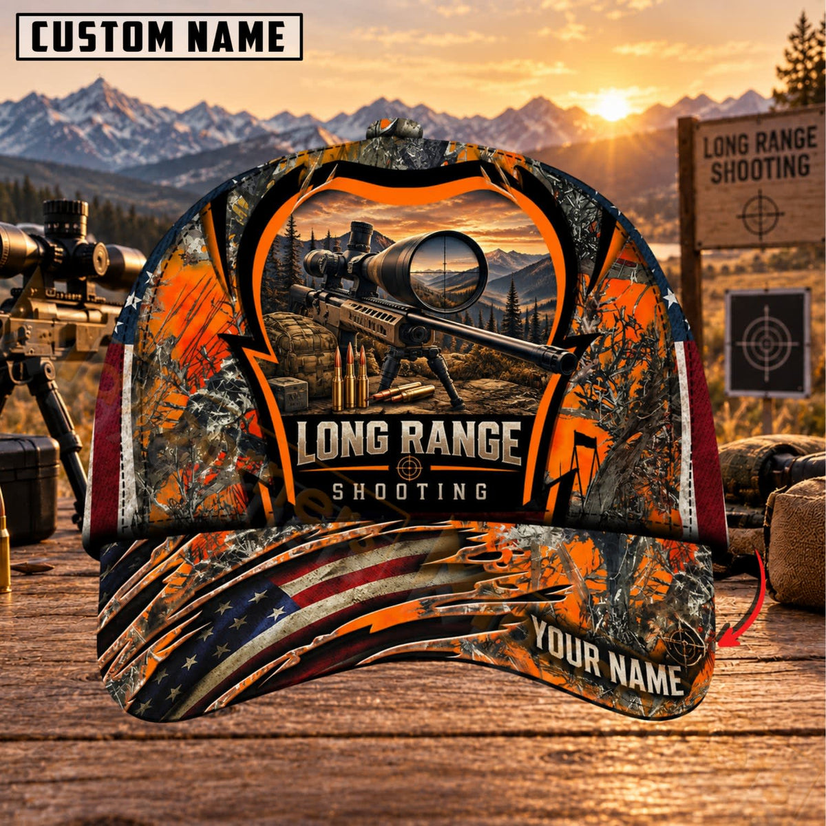 Maxcorners Long Range Shooting Blaze Orange Tactical Sniper Personalized Name 3D Cap