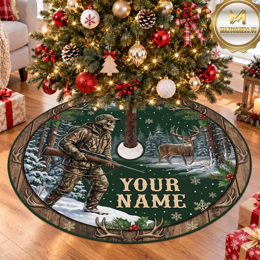 Maxcorners Hunting Hunter Deer Winter Woodland Personalized Name 3D Christmas Tree Skirt