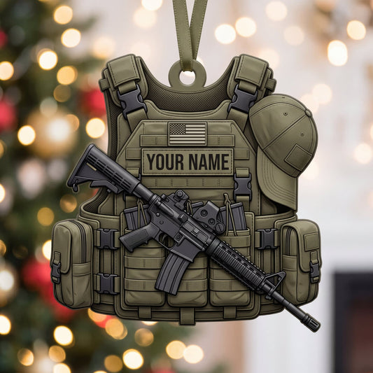 Maxcorners Military Olive Tactical Vest Helmet And Rifle Personalized Name 3D Keychain And Ornament