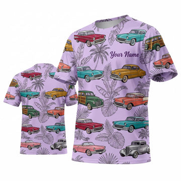 Maxcorners Personalized Car Classic Muscle Car 3D T-Shirt – Pastel Purple Tropical Palm Trees and Retro Cars
