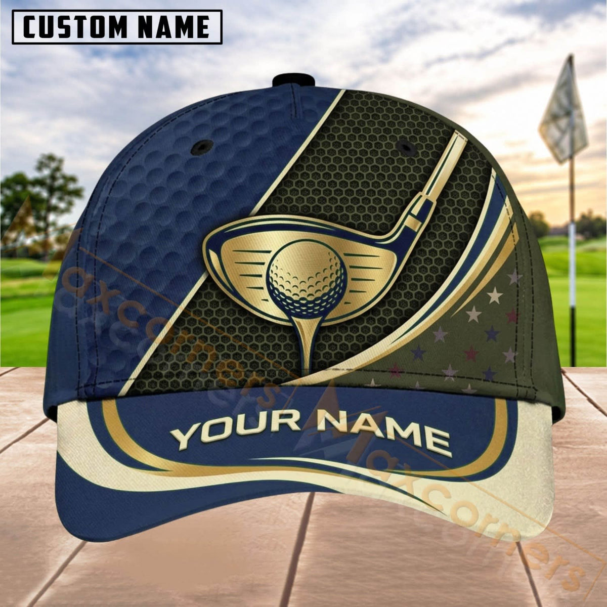 Maxcorners Golf Gold Ball Club Luxury Panel Personalized Name 3D Cap (8 Colors)