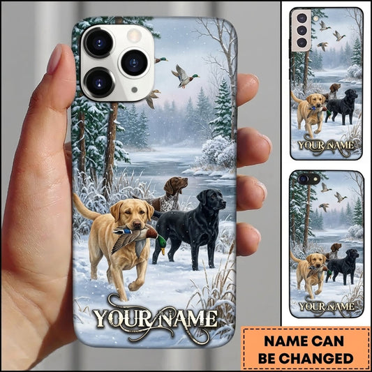 Maxcorners Duck Hunting Golden Retriever and Black Labrador Snowy Marsh Personalized Name 3D Phone Case