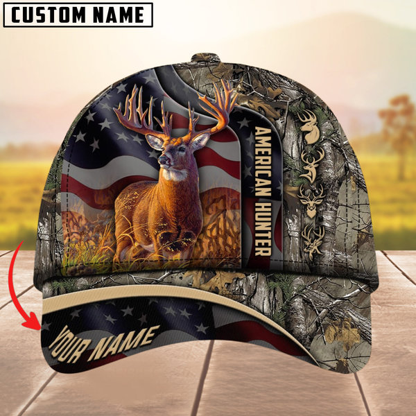 Maxcorners Best USA Flag Pattern Deer Hunting Camouflage Multicolor Personalized Name 3D Cap