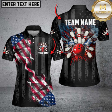 MaxCorners Bowling And Pins Black American Flag Smoke  Customized Name, Team Name 3D Shirt For Women