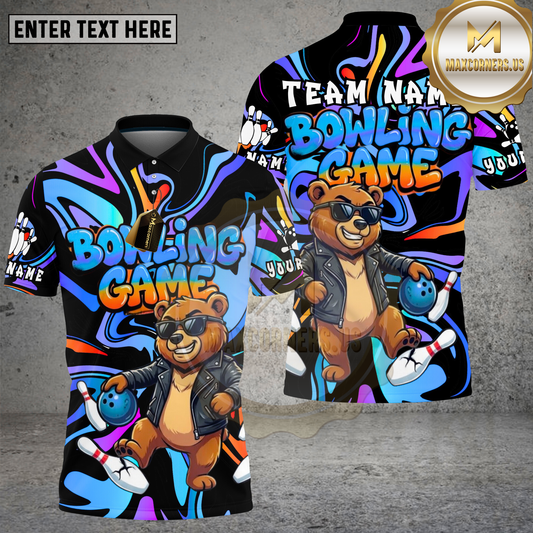 Maxcorners Bowling Shirt Cool Bear Cartoon Graffiti Style Multicolor Options Personalized Name, Team Name 3D Shirt (4 Colors)