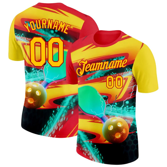 Maxcorners Electric Pickleball Paddle Glowing Lightning Ball Fire Stream Red Yellow Personalized Name 3D Unisex Shirt