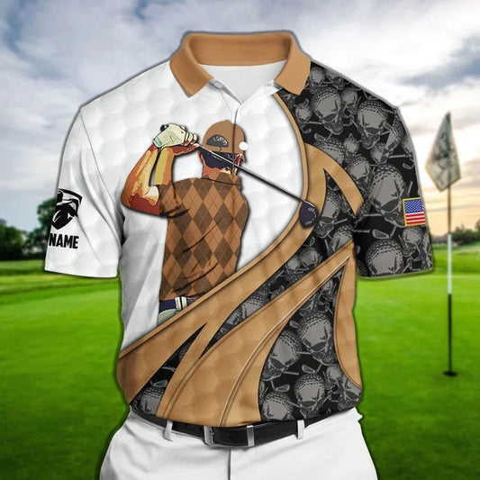 MaxCorners Premium Coolest Golf Skull Brown Pattern Golf Polo Shirts Multicolored Customized Name Polo For Men