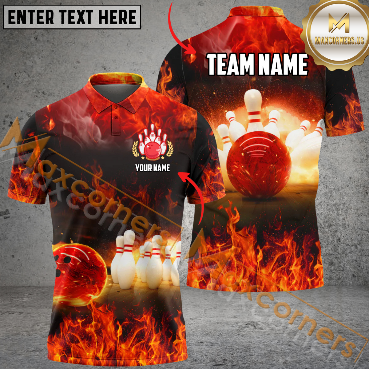 Maxcorners Ball And Pins Fire Flame Bowling Jersey Multicolor Option Customized Name, Team Name 3D Polo Shirt