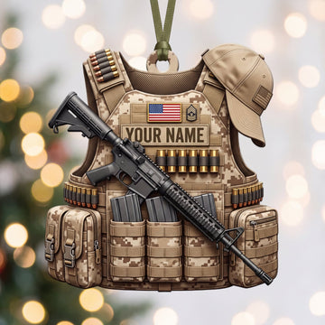 Maxcorners Military Desert Camo Tactical Vest Hat And Rifle Personalized Name 3D Keychain And Ornament