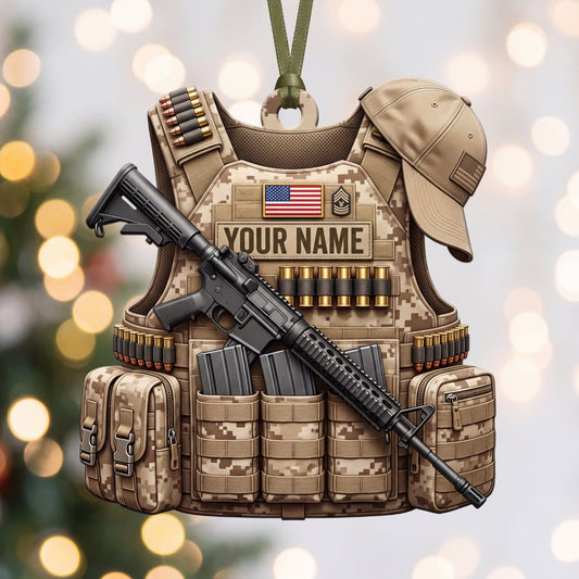Maxcorners Military Desert Camo Tactical Vest Hat And Rifle Personalized Name 3D Keychain And Ornament