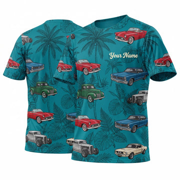 Maxcorners Personalized Car Classic Muscle Car 3D T-Shirt – Teal Tropical Sunset Colorful Classic Cars