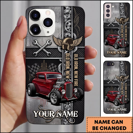 Maxcorners Hot Rod Red Vintage Car with Crossed Tools and Industrial Garage Design Personalized Name 3D Phone Case