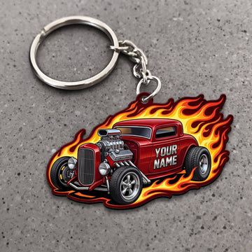 Maxcorners Hot Rod Red Classic Roadster with Orange Flame Trail Personalized Name 3D Keychain And Ornament