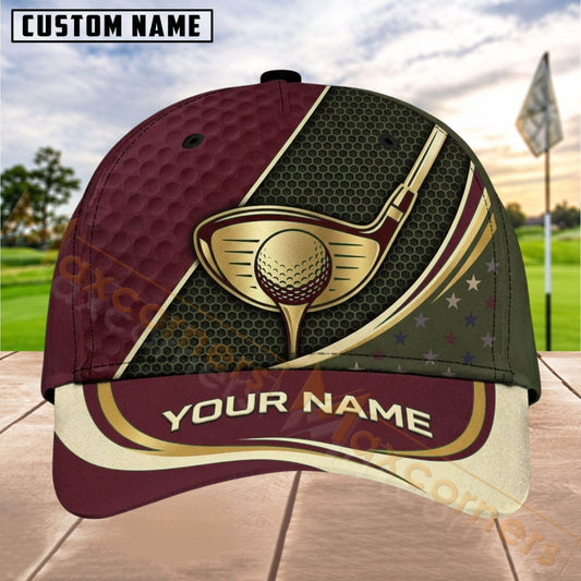 Maxcorners Golf Gold Ball Club Luxury Panel Personalized Name 3D Cap (8 Colors)