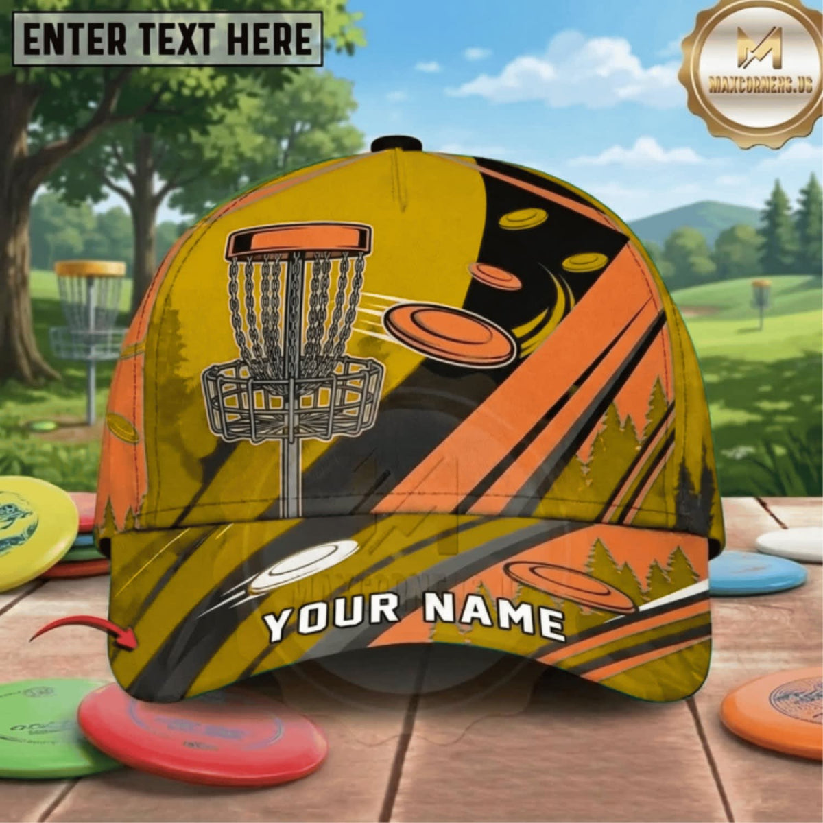 (8 Colors) Maxcorners Disc Golf Mountain Flying Discs & Chain Basket Personalized Name 3D Cap LM3009