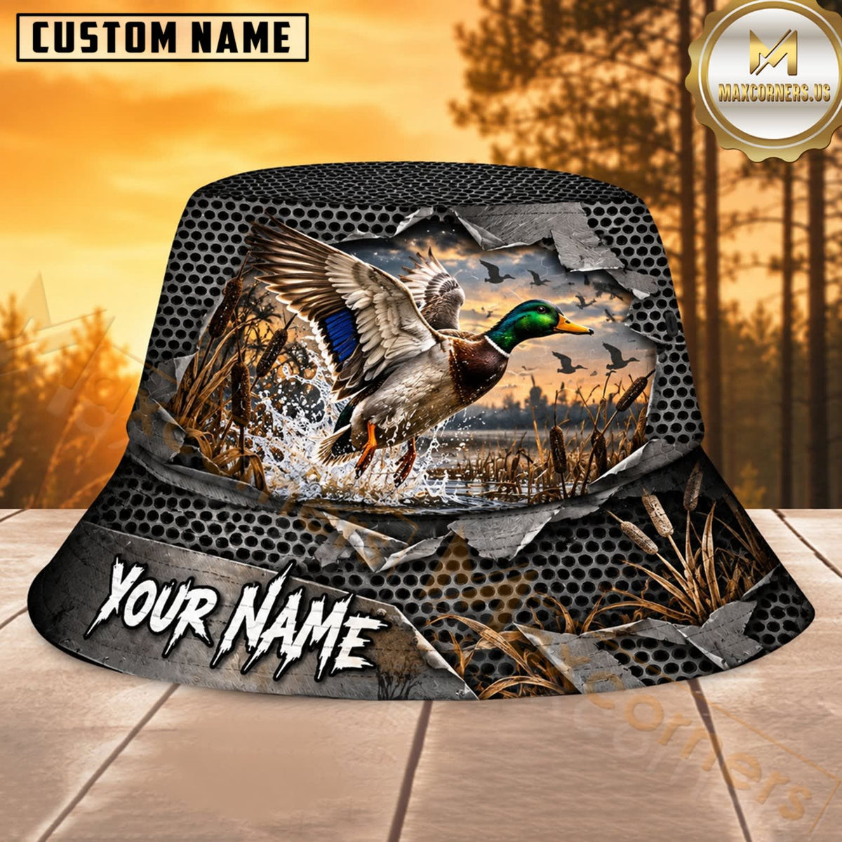 Maxcorners Duck Hunting Labrador Carbon Marsh Personalized Name 3D Bucket Hat
