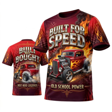 Maxcorners Personalized Car Classic Muscle Car 3D T-Shirt – Built For Speed Crimson Gold V8 Muscle Power