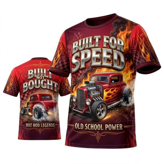 Maxcorners Personalized Car Classic Muscle Car 3D T-Shirt – Built For Speed Crimson Gold V8 Muscle Power