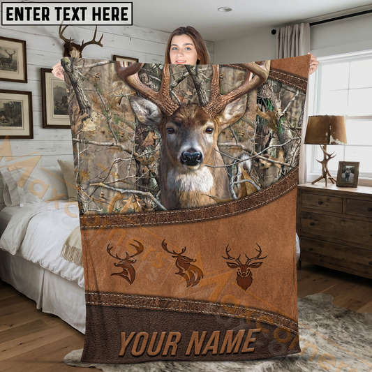 Maxcorners Rustic Leather Whitetail Deer Camo Frame Personalized 3D Blanket