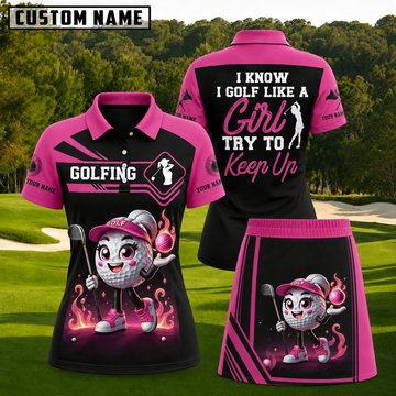 Maxcorners Black and Hot Pink Flaming Golf Ball Girl Personalized Name 3D Golf Shirt and Skirt