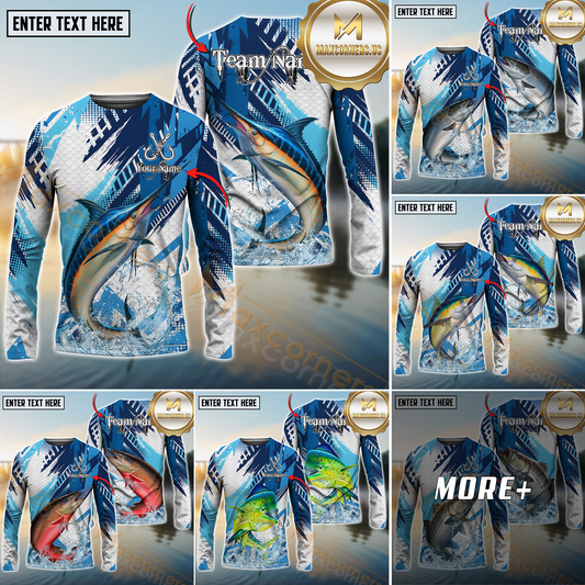 Maxcorners Saltwater Fish Fishing Water Splash Scale Pattern Personalized Name, Team Name Long Sleeve Shirt (6 Breeds)