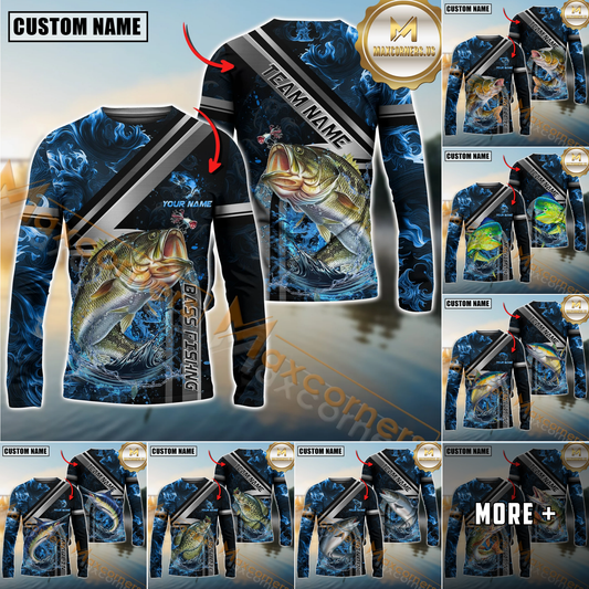 Maxcorners Fishing Ocean Wave Power Personalized Name, Team Name Long Sleeve Shirt (8 Fish Species)