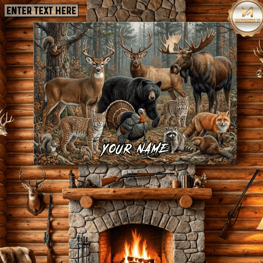 Maxcorners Hunting Deer Elk Moose Bear Turkey Bobcat Fox Raccoon Beaver Squirrel Forest Wildlife Collage Canvas Wall Art
