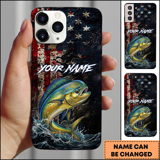 Maxcorners Mahi-mahi Fishing Phone Case  Vintage USA Flag Grunge Wave Art Personalized Name Phone Case