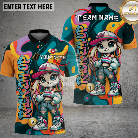Maxcorners Cute Rabbit Pool Shirt Colorful Graffiti Girl Billiards Style Multi Options Personalized Name, Team Name Unisex 3D Shirt (4 Colors)