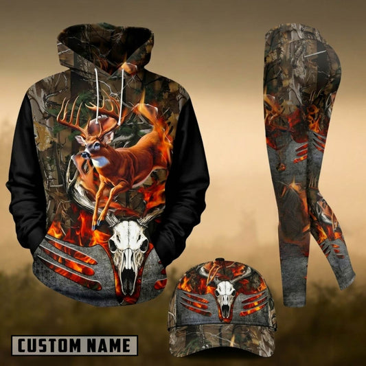 Maxcorners Hunting Flaming Whitetail Deer Skull Forest Camo 3D Combo Hoodie, Legging Set & Cap