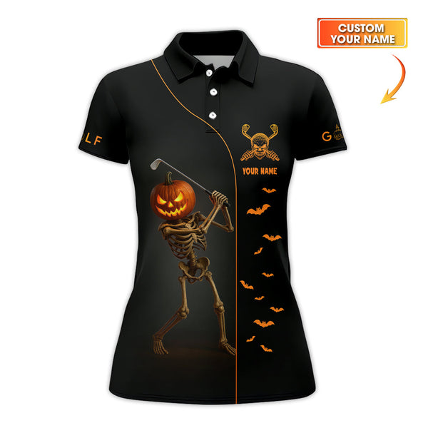 Maxcorners Custom Name Golf Polos, Halloween Skeleton Golf Shirt, Crazy Golf Shirts For Men's