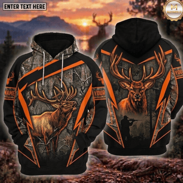 Maxcorners Elk Hunting Bugling Elk Blaze Orange Buck Hunter Forest Camo Hoodie Personalized Your Name 3D Hoodie