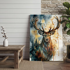 Maxcorners Abstract Deer Canvas Print - Teal and Orange Forest Silhouette