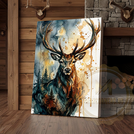 Maxcorners Abstract Deer Canvas Print - Teal and Orange Forest Silhouette
