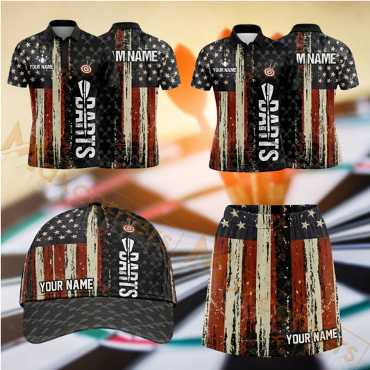 Maxcorners Darts Black Orange Vintage Dartboard Design Personalized Team Sportswear Set - Polo Shirt, Cap & Skorts
