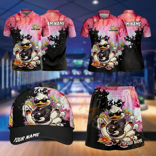 Maxcorners Bowling Funny Duck Bowling Ball Design Personalized Team Sportswear Set - Polo Shirt, Cap & Skorts