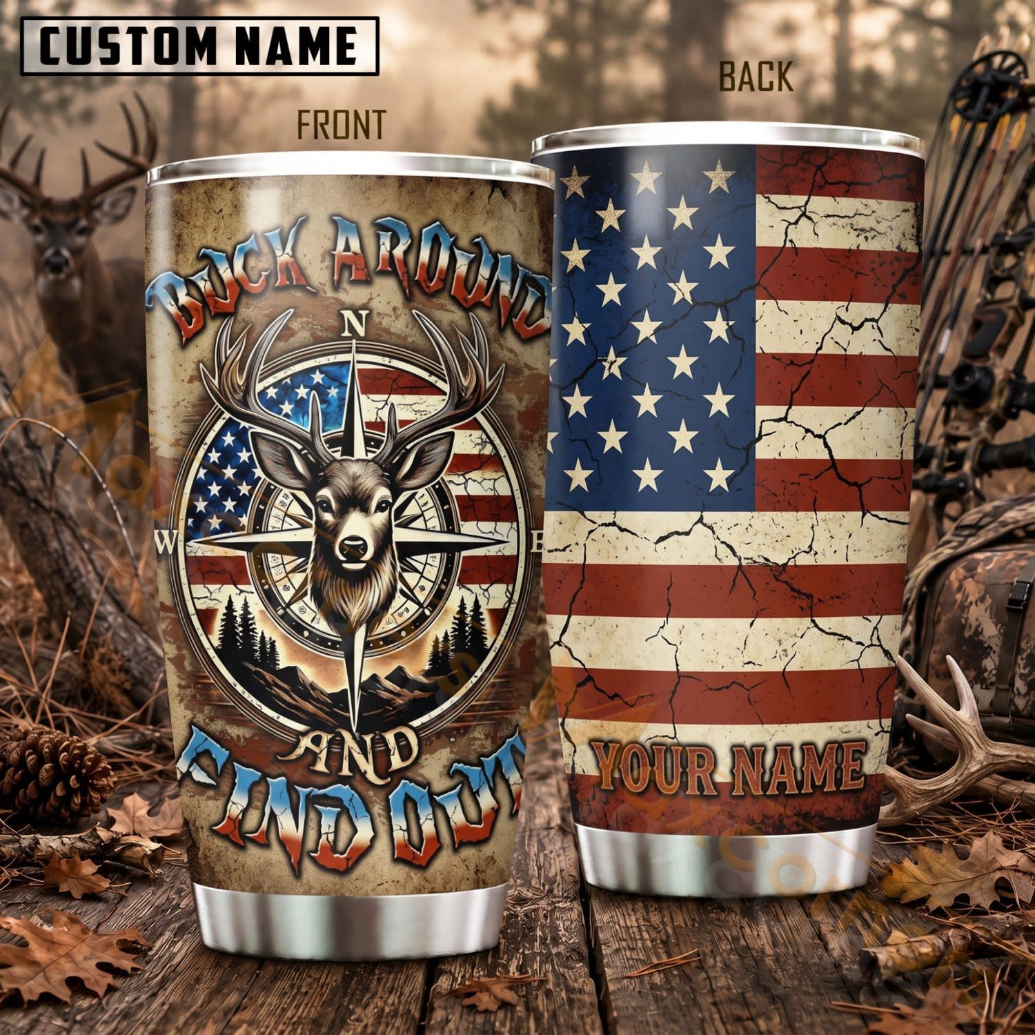 Maxcorners Hunting Deer Skull Rustic American Flag Personalized Name 3D Tumbler