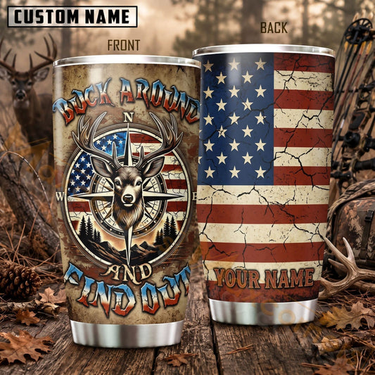Maxcorners Hunting Deer Skull Rustic American Flag Personalized Name 3D Tumbler