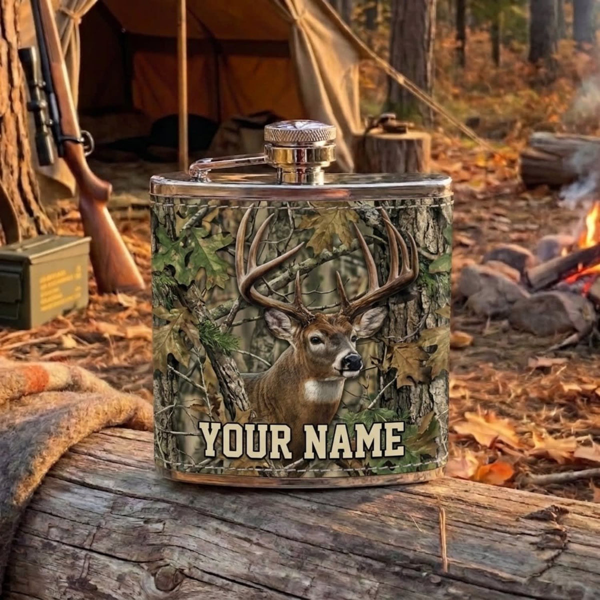 Maxcorners Hunting Realistic Whitetail Deer Camouflage Design Personalized Name 3D Hip Flask