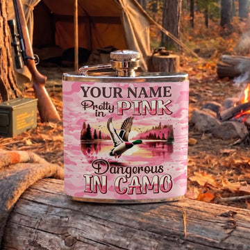 Maxcorners Hunting Pretty In Pink Deer Camouflage Design Personalized Name 3D Hip Flask