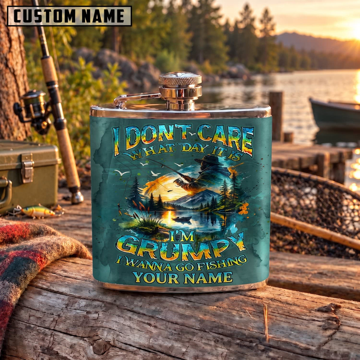 Maxcorners Fishing Don’t Care I’m Going Fishing Lake Quote Personalized Name 3D Hip Flask