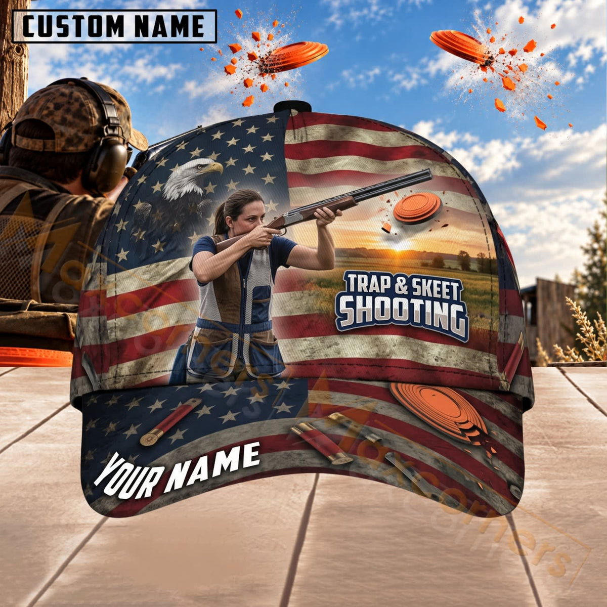 Maxcorners Trap & Skeet Shooting American Flag Scenic Range Personalized Name 3D Cap