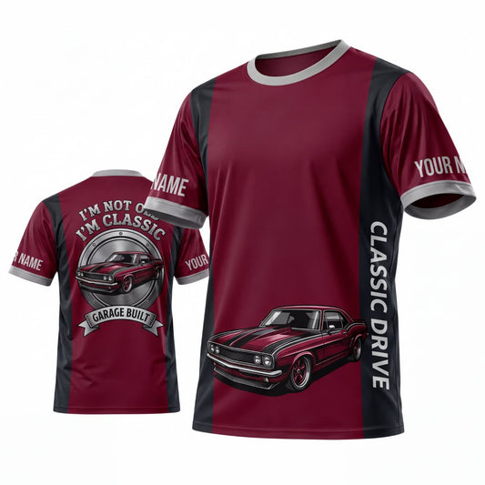 Maxcorners Personalized Car Classic Muscle Car 3D T-Shirt – Burgundy Silver Racing Stripes and Red Classic Car