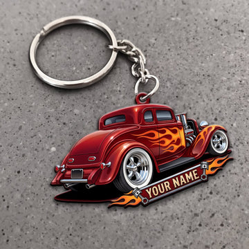 Maxcorners Hot Rod Red Classic Car with Flaming Rear Fenders Personalized Name 3D Keychain And Ornament