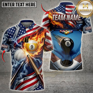 Maxcorners Billiards American Flag Flaming 9 Ball And Black 8 Ball Personalized Name 3D Unisex Shirt