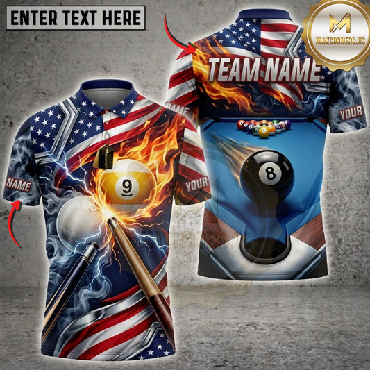 Maxcorners Billiards American Flag Flaming 9 Ball And Black 8 Ball Personalized Name 3D Unisex Shirt