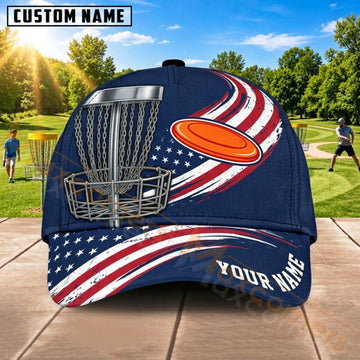 Maxcorners Disc Golf American Flag Orange Flying Disc Personalized Name 3D Cap